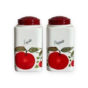 Blue Sky Red Cherry Ceramic‎ Green Stripe Salt and Pepper Shakers 4”x2” MCM Vibe